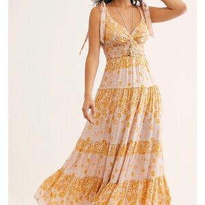 Free People Yellow Paisley Tie-Shoulder Maxi Dress